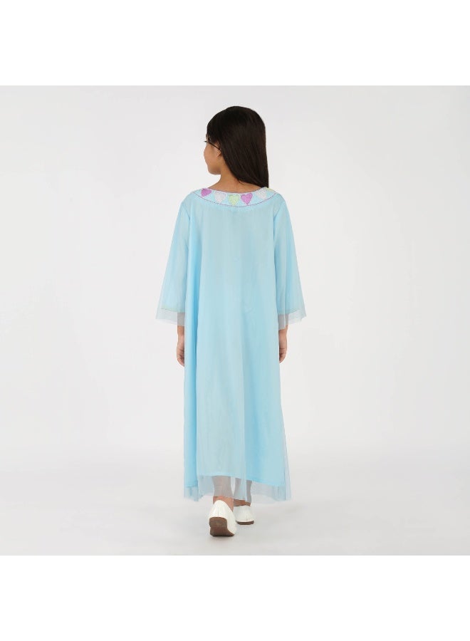 Linelle Soft Blue with Heart Motifs, Round Neck in Rayon-Tulle Blend kids jalabiya - Image 2